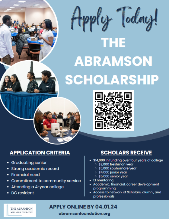 Scholarship flyer with photos of college students at college fairs. Displays eligibility criteria and scholarship benefits as white text against dark blue background and QR code to link to application website.