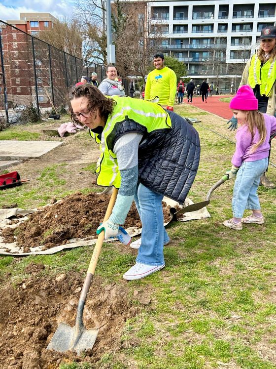 Councilmember Nadeau, wearing a yellow safety vest, digs a hole for a tree to be planted. Others, including her young daughter are also helping to dig.