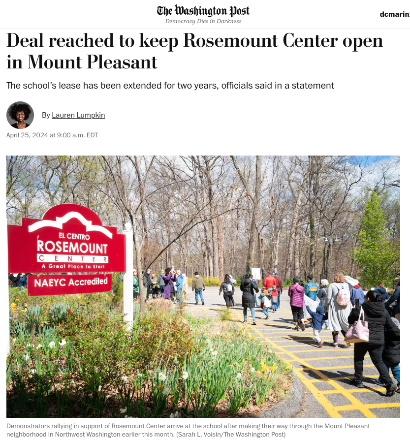 Washington Post screenshot headline: Deal reached to keep Rosemount Center open in Mount Pleasant. Subheading: The school's lease has been extended for two years, officials said in a statement. By Lauren Lumpkin. Photo of families standing in a parking lot with the bright red Rosemount Center sign on a post.