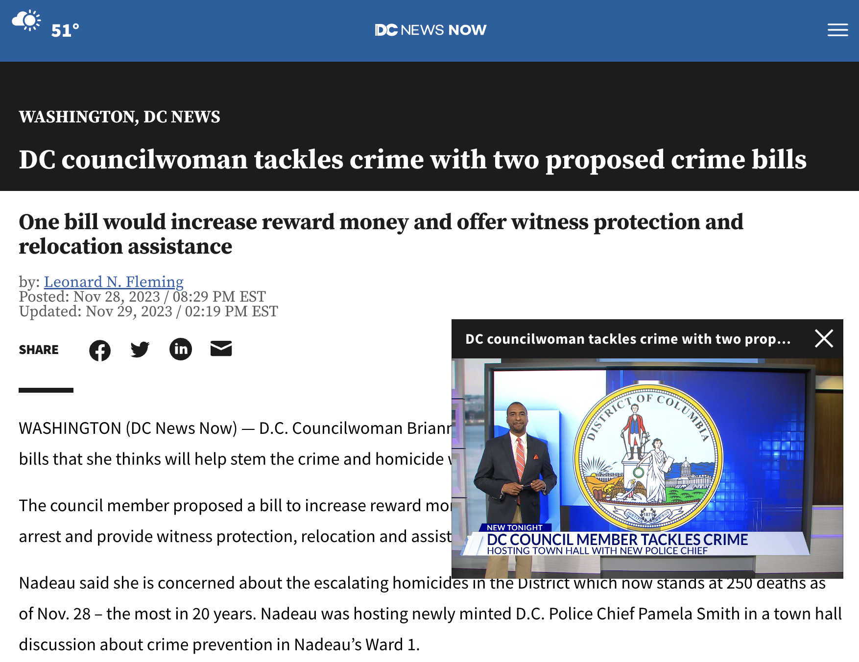 Screenshot shows headline on website: "DC councilwoman tackles crime with two proposed crime bills" from DC News Now
