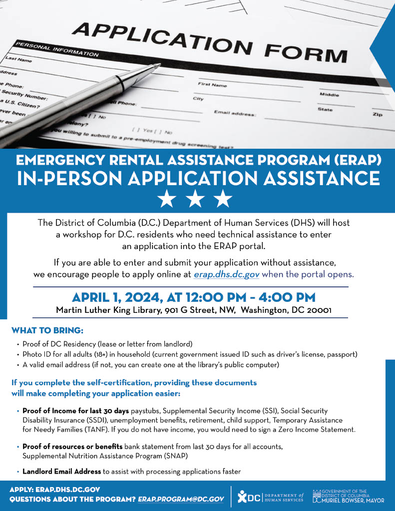 Flyer for Emergency Rental Assistance Program (ERAP) Workshop with photo of generic application form and white header text against blue background and workshop details in black text against white background