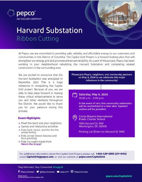 Graphic for Harvard Substation ribbon cutting. Black text on white background with purple elements. Saturday, May 4 at 10:30 am.