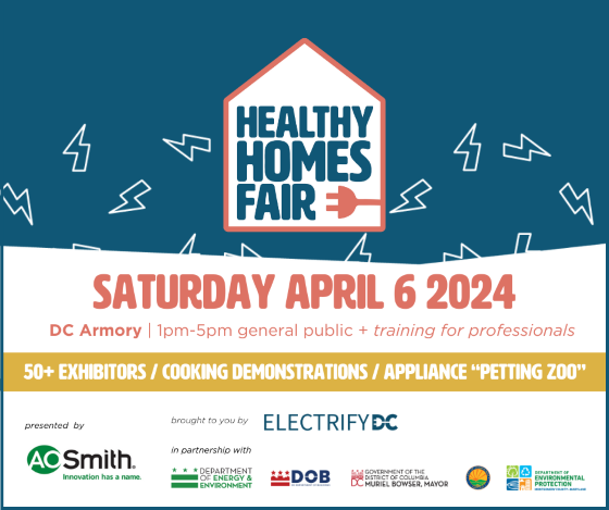 Healthy Homes Fair Flyer, with white lightning bolts against blue background and graphic of a home with red electrical plug. Displays date of fair in red text and logos of sponsors.