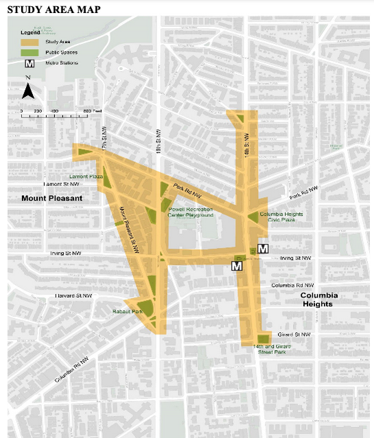 Map of Mount Pleasant and Columbia Heights with title Study Area Map in black text. Certain streets shaded in yellow. Public spaces shaded in green.