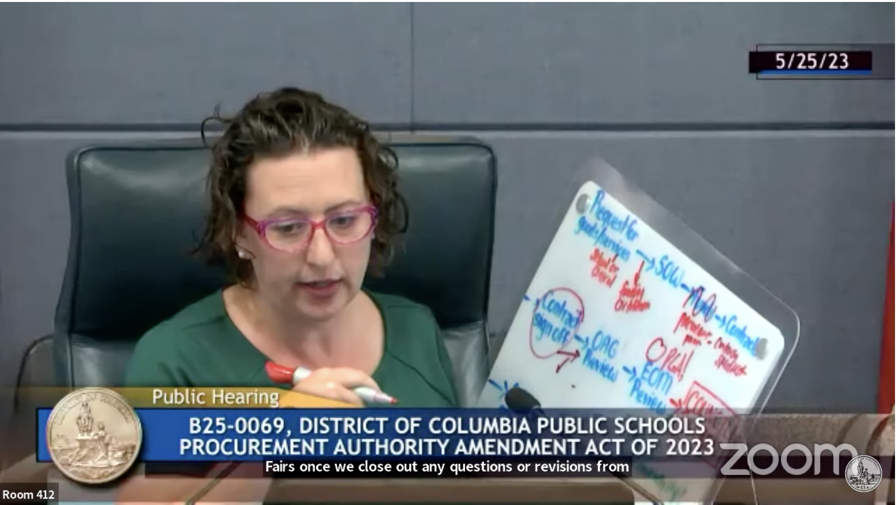 Councilmember Nadeau points to a white board with writing that shows the procurement process.