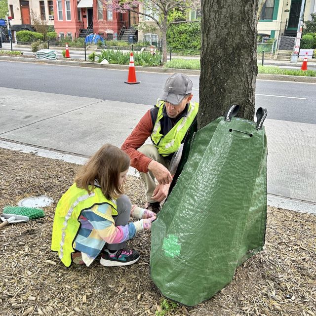 Photo of young girl and volunteer cleaning up near tree at Vermont Ave Garden Work Party