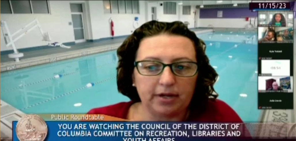 Screenshot from online meeting. Councilmember Nadeau is using as background an image of the Cardozo pool.